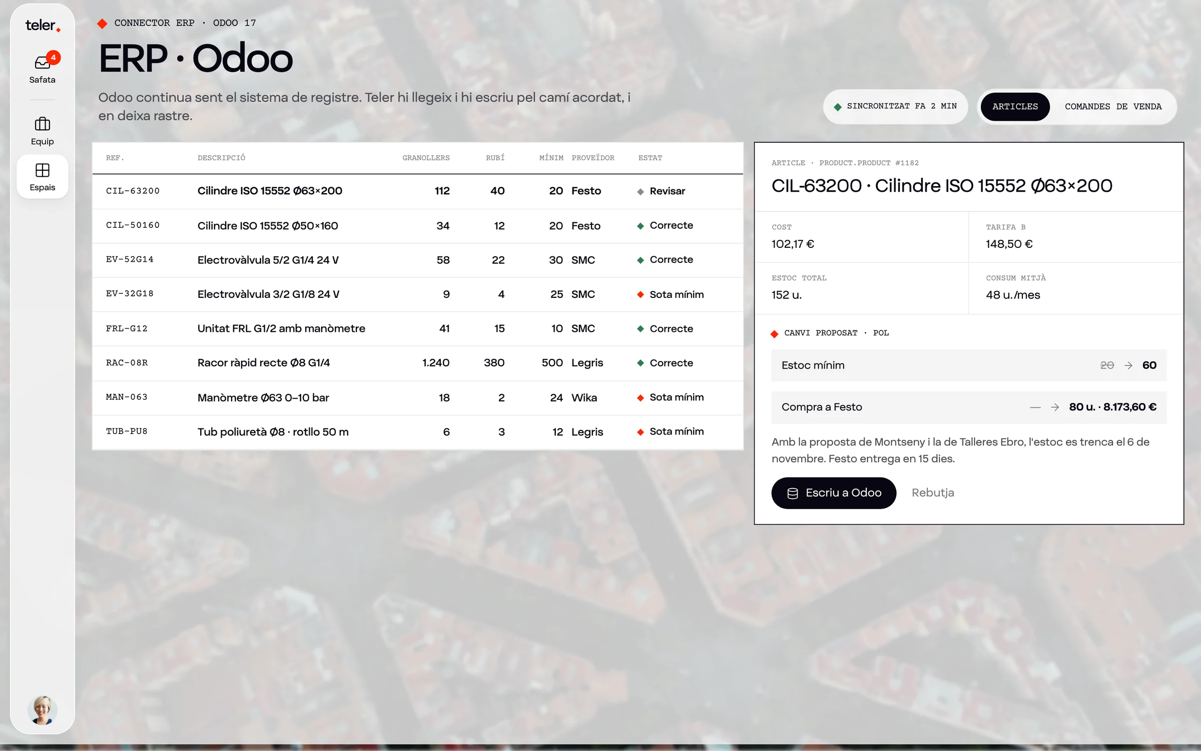 Vista de l’estoc generada a Teler amb les dades vives d’Odoo