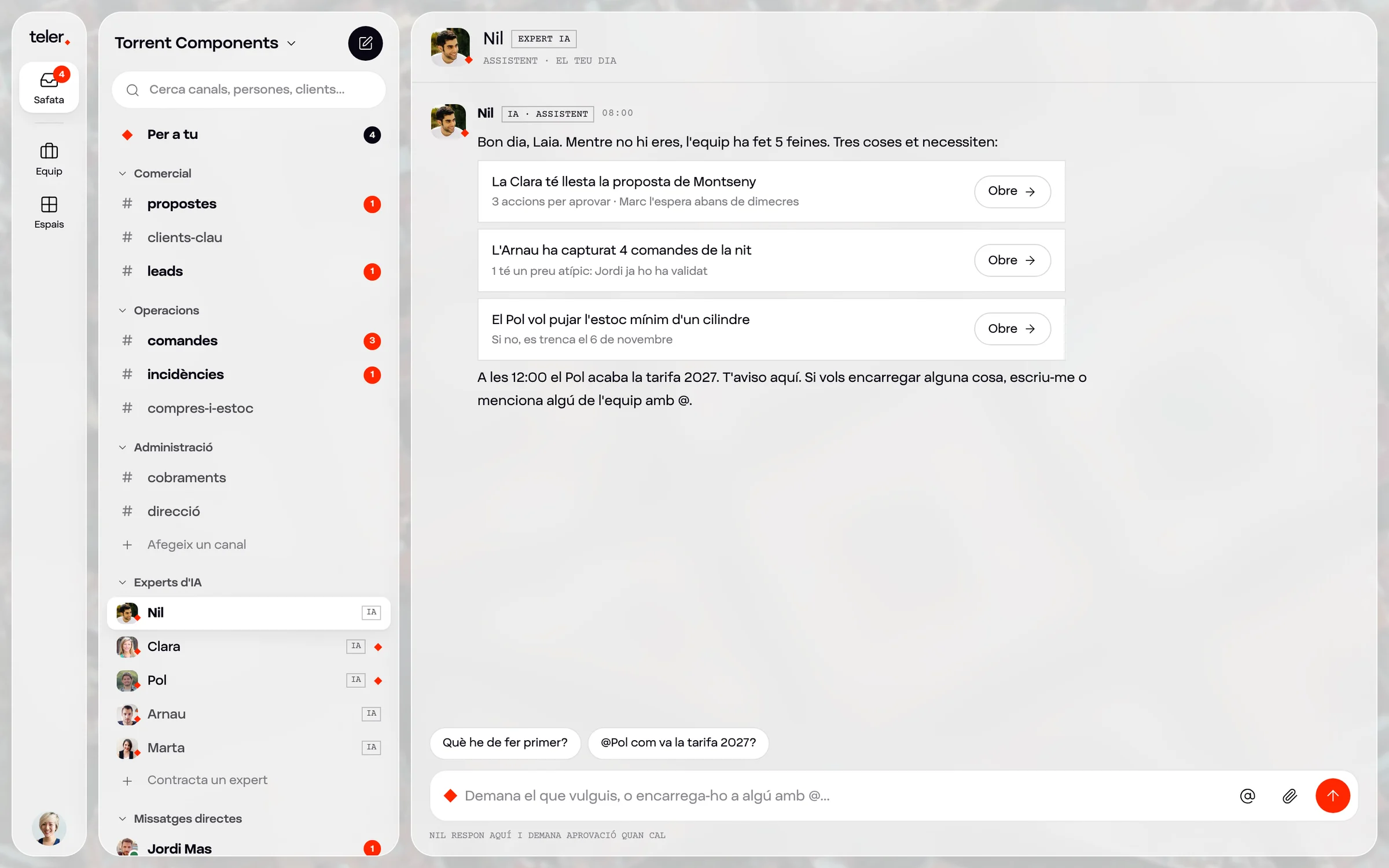 La safata de Teler a Torrent Components, amb canals, clients i experts d’IA